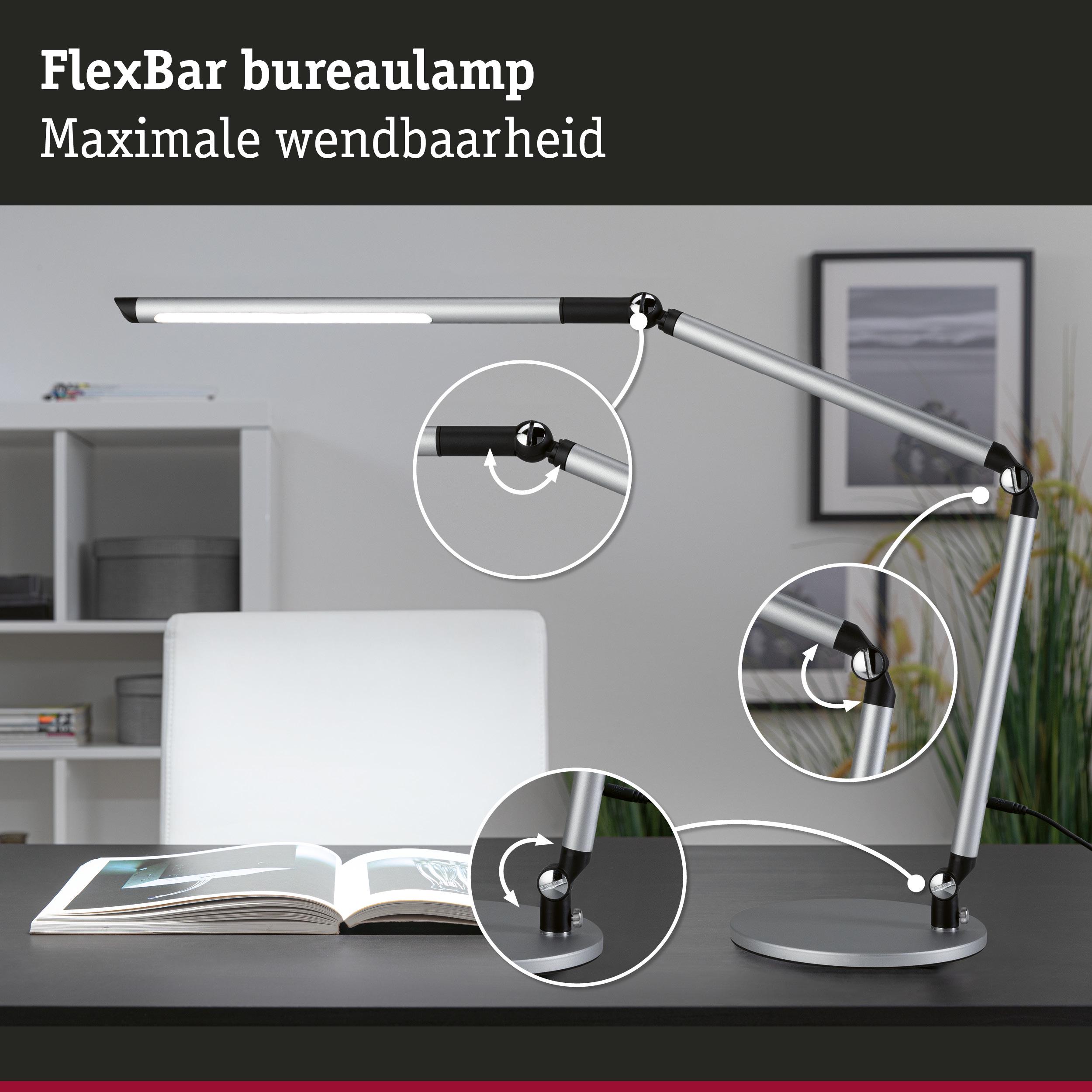 FlexBar bureaulamp van zilverkleurig aluminium met zwarte scharnieren voor flexibele werkverlichting