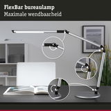 FlexBar bureaulamp van zilverkleurig aluminium met zwarte scharnieren voor flexibele werkverlichting