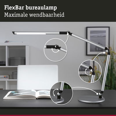 FlexBar bureaulamp van zilverkleurig aluminium met zwarte scharnieren voor flexibele werkverlichting