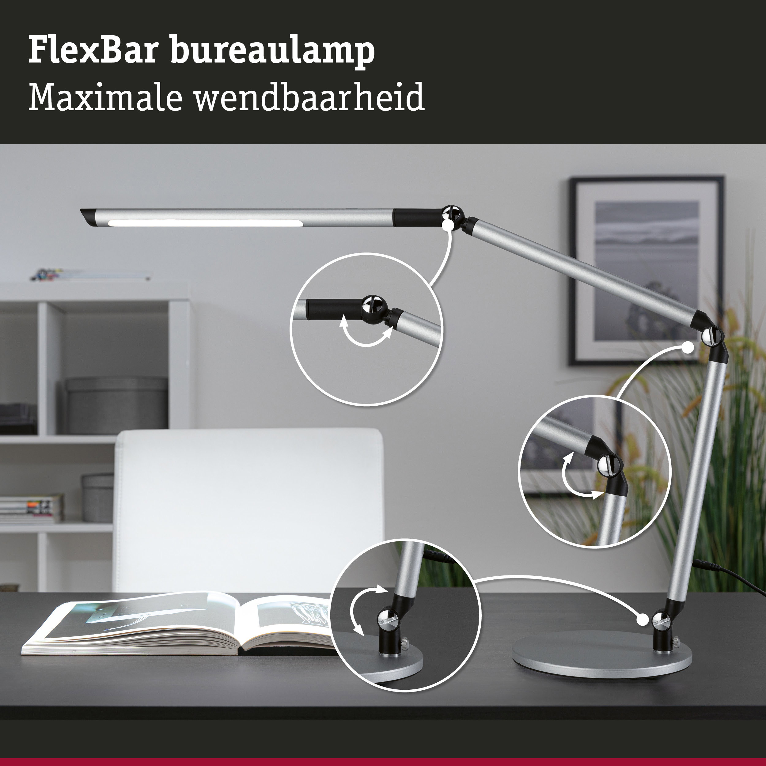 FlexBar bureaulamp van zilverkleurig aluminium met zwarte scharnieren en verstelbaar LED-licht