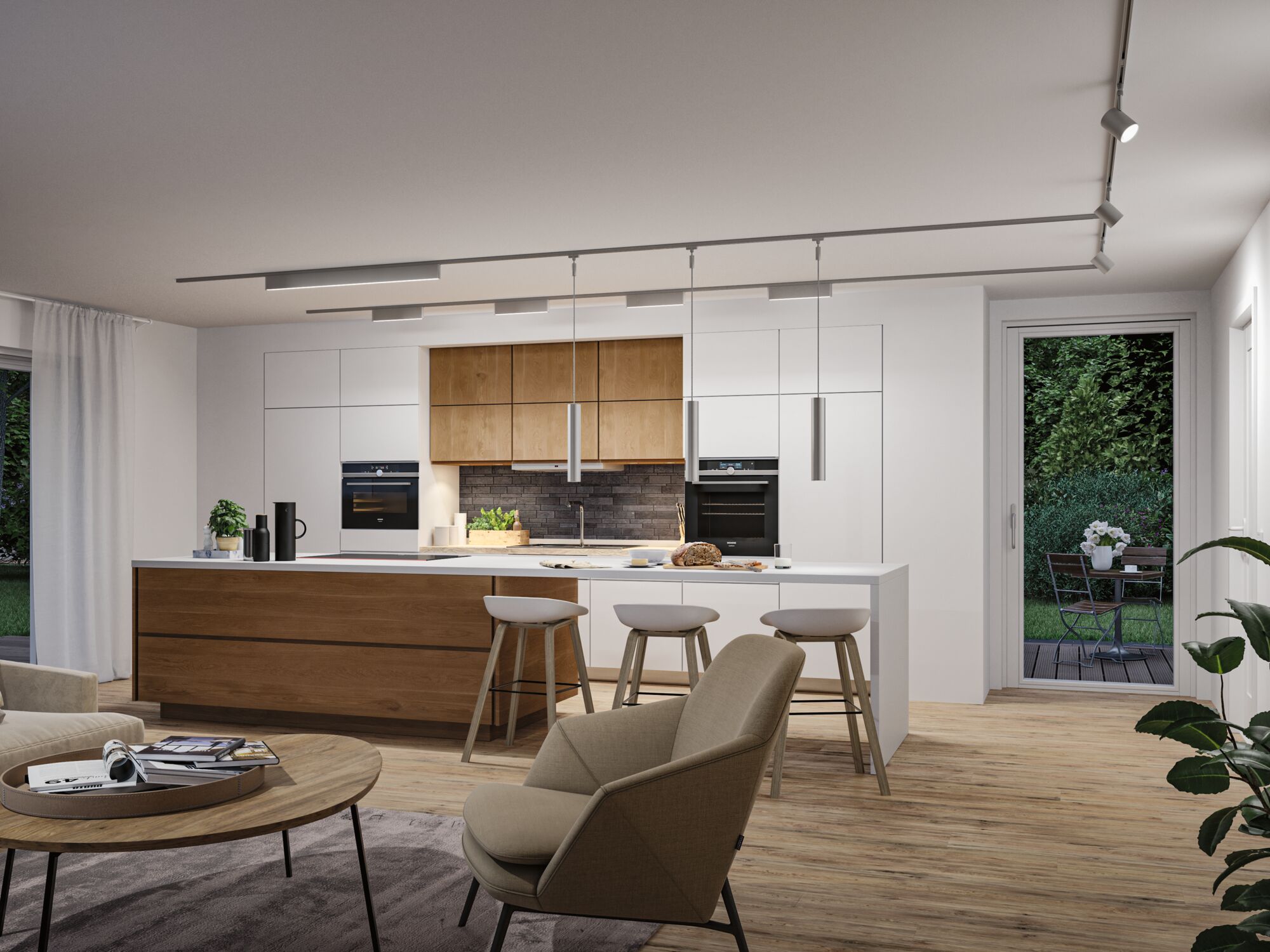 Modern kitchen with wood fronts and white cabinets lit by minimalist ceiling spotlights and pendant lights