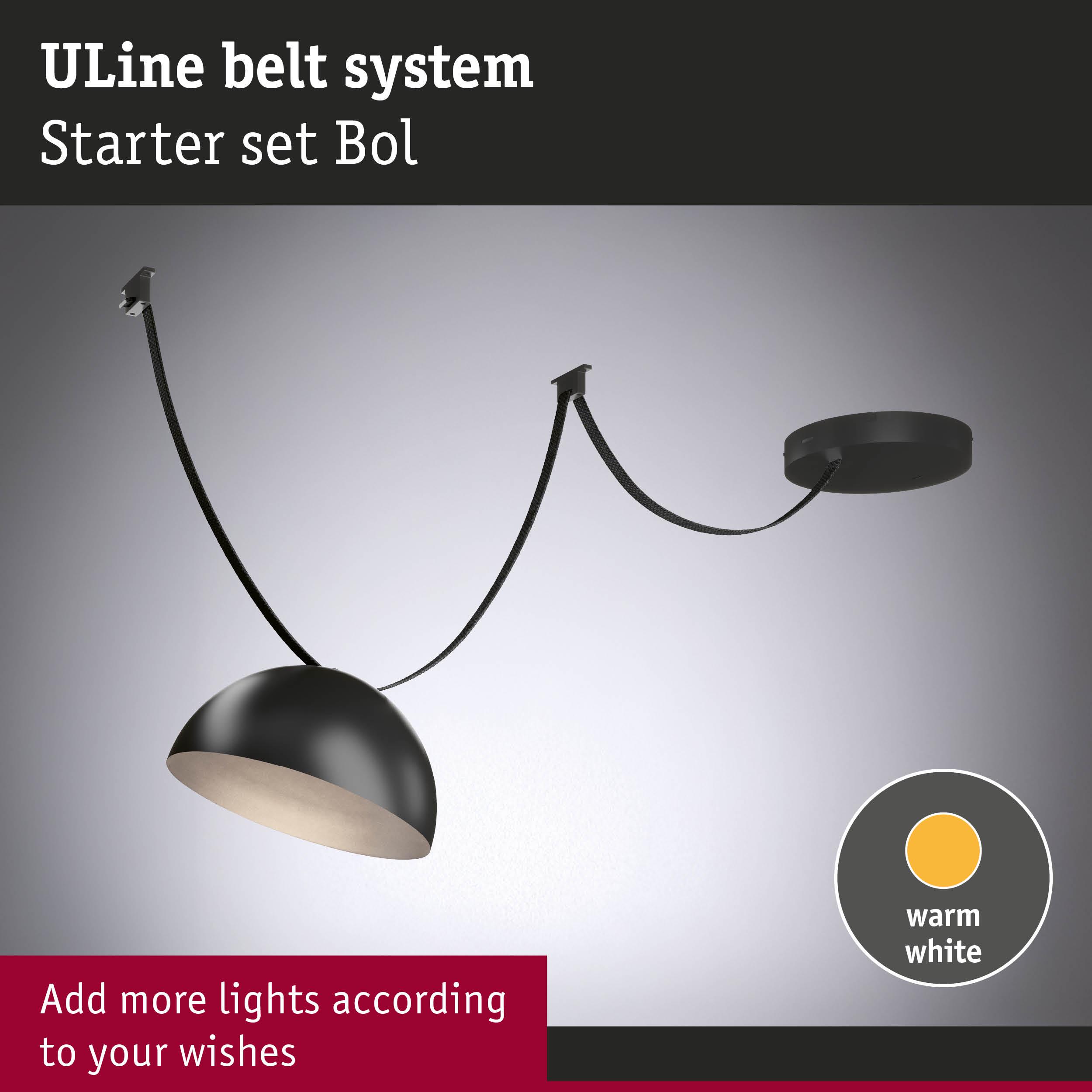Black ULine Belt System Starter Set Bol with warm white light and adjustable cable suspension for home lighting