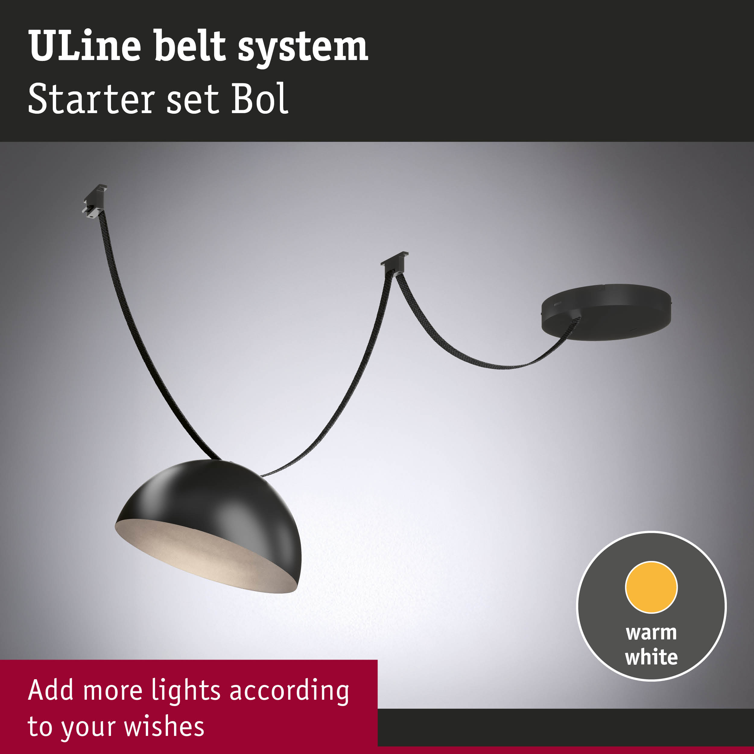 Black ULine Belt System starter set with warm white light and adjustable cables for lighting solutions