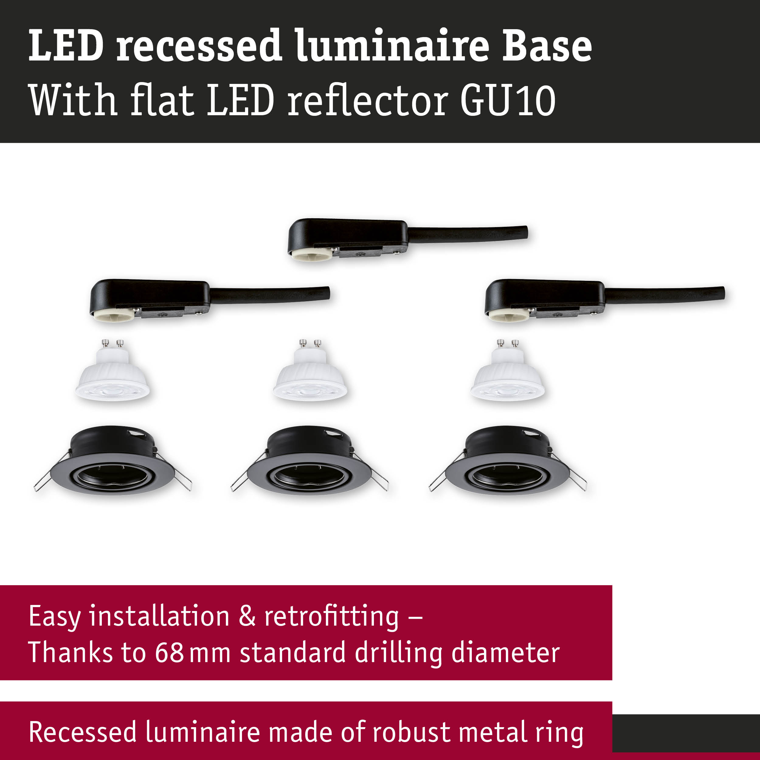 Black LED recessed luminaire with flat GU10 LED reflector and sturdy metal ring for easy installation