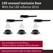 Black LED recessed luminaire with flat GU10 LED reflector and sturdy metal ring for easy installation