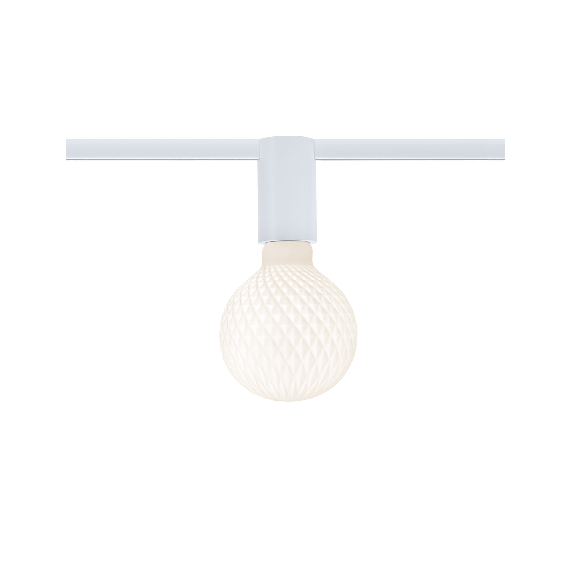 Weiße LED-Glühbirne mit strukturiertem Glas an weißer Schienenleuchte für moderne Beleuchtung