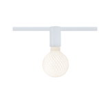 Weiße LED-Glühbirne mit strukturiertem Glas an weißer Schienenleuchte für moderne Beleuchtung