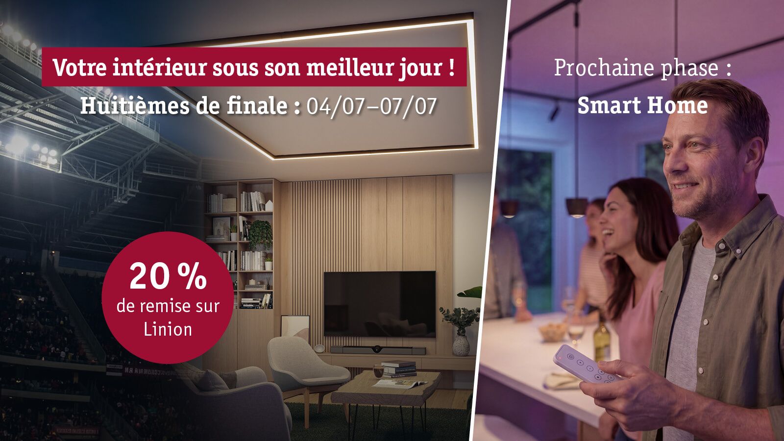 Salon moderne avec éclairage LED au plafond et 20% de remise sur les systèmes d’éclairage Linion