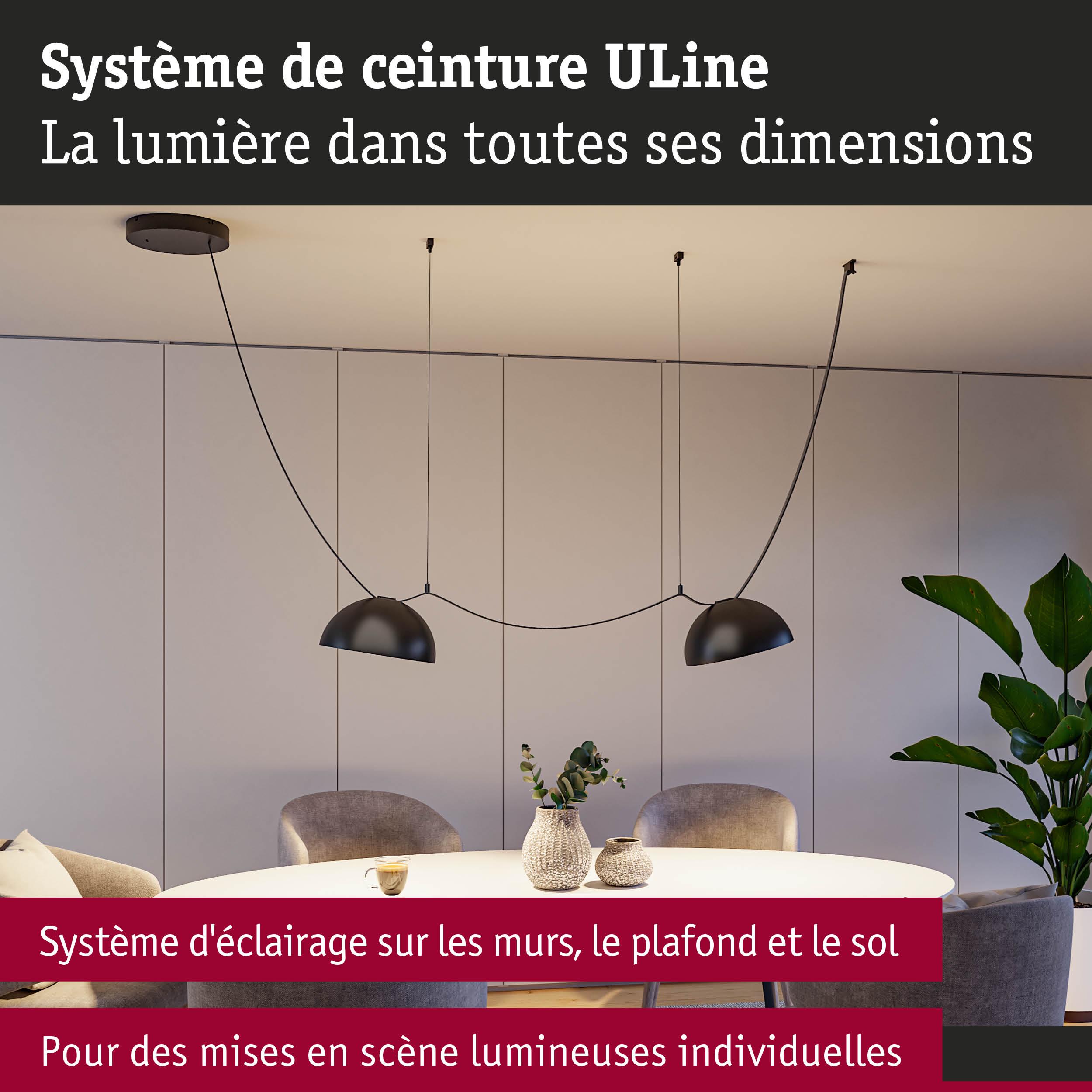 Système d'éclairage ULine moderne avec suspensions noires au-dessus d'une table ronde dans une salle à manger