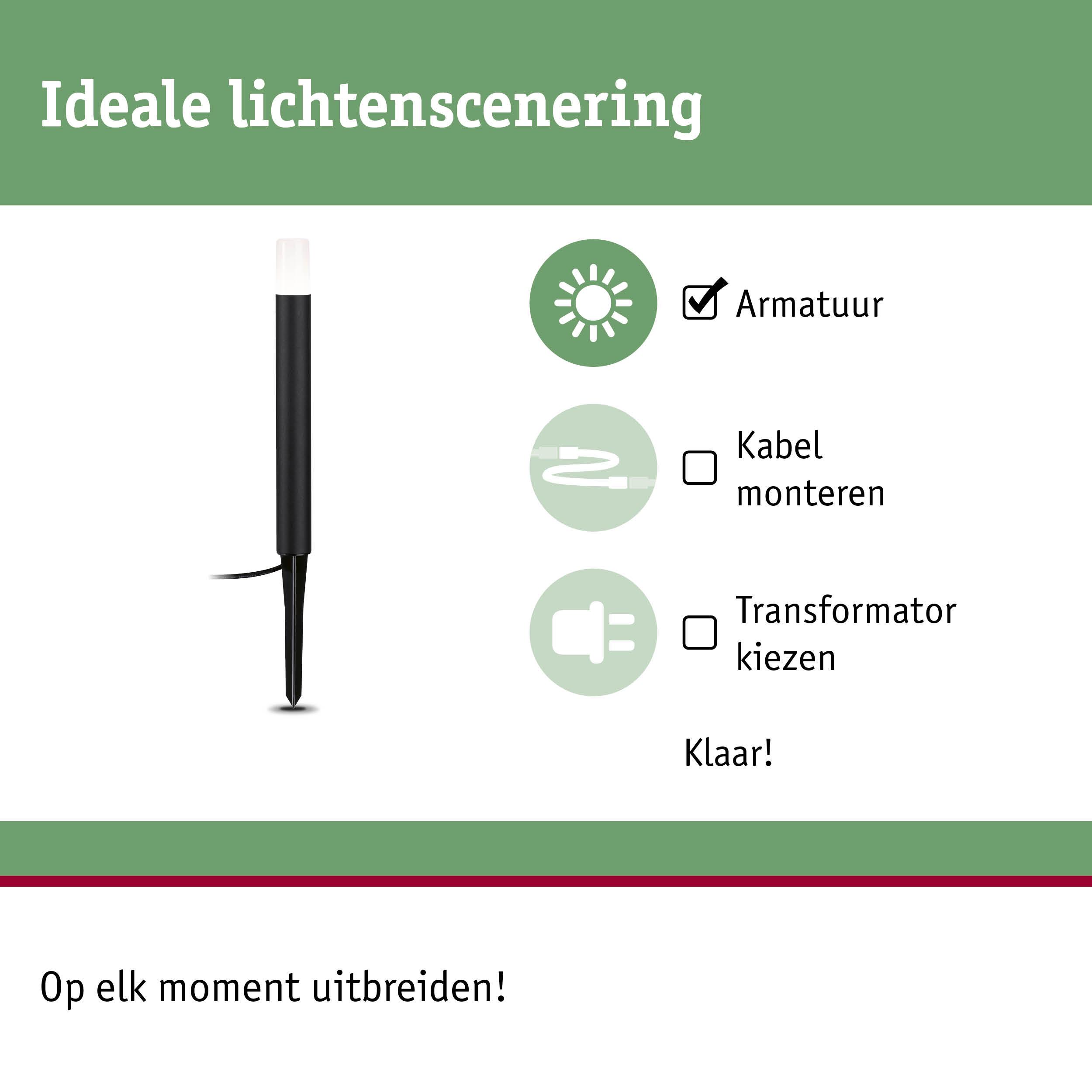 Zwarte LED-buitenlamp met grondpen, eenvoudig te installeren zonder kabelmontage of transformator