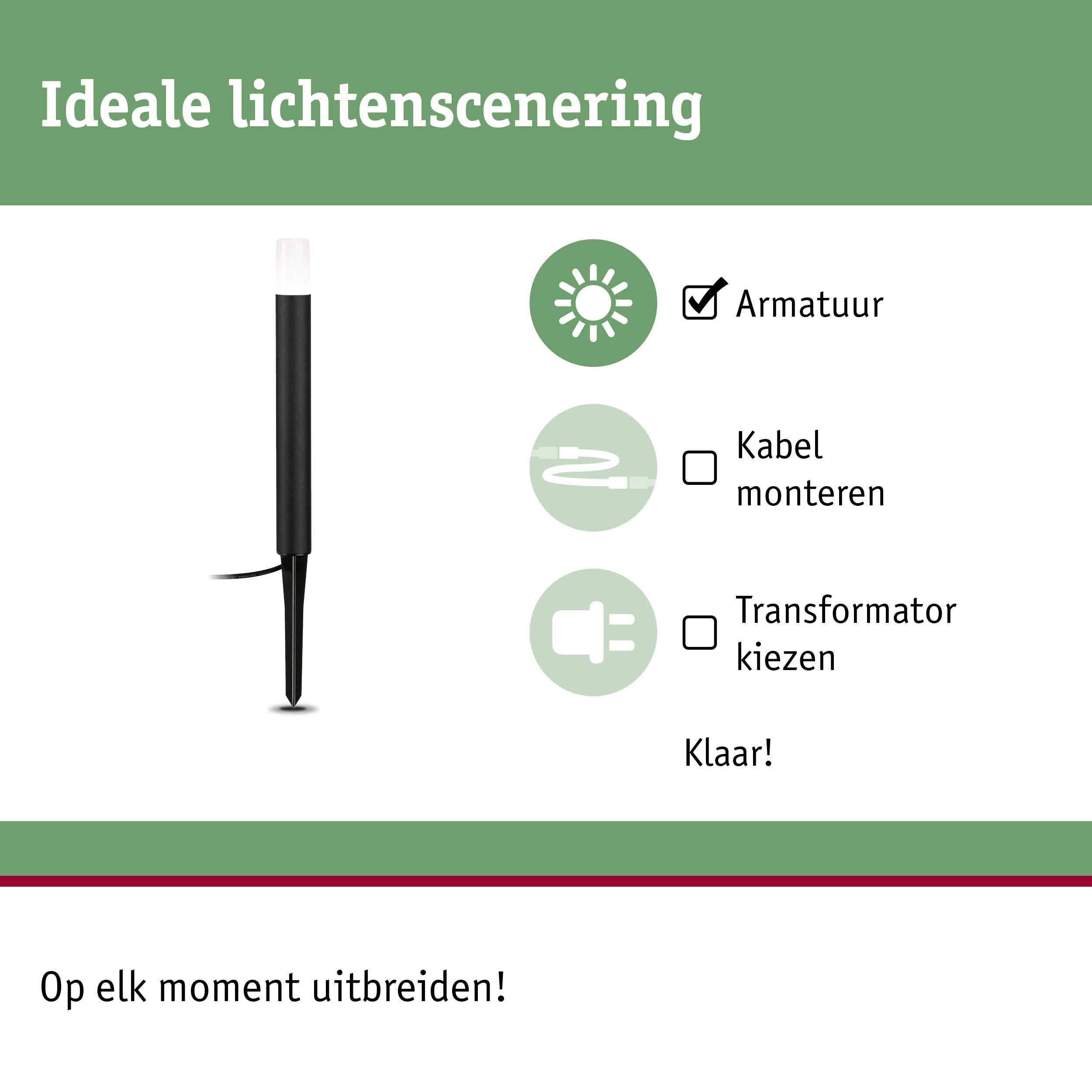 Zwarte LED-tuinfakkel met grondpen en witte diffuser voor buitenverlichting