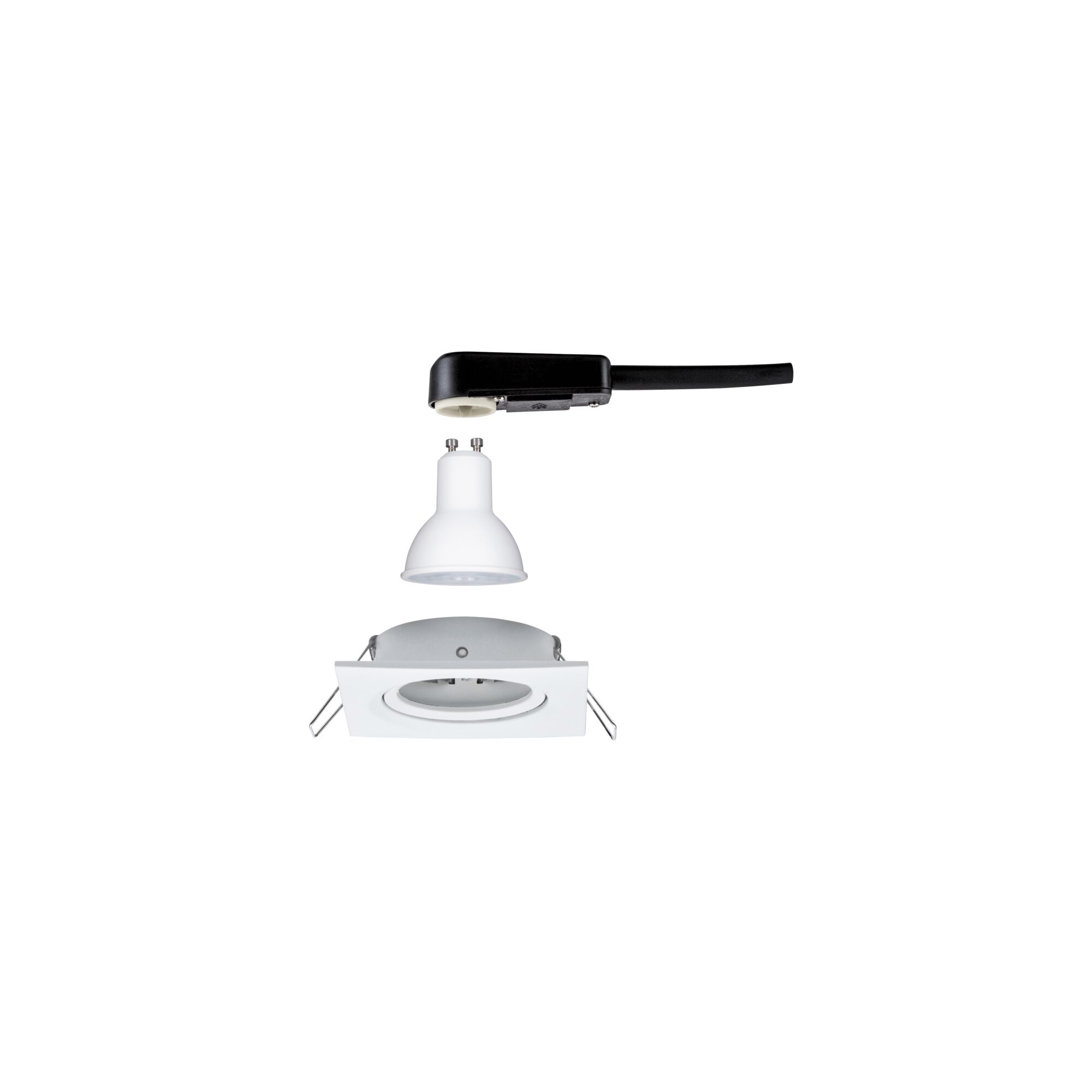 White recessed spotlight with GU10 LED bulb and black connector cable for modern indoor lighting