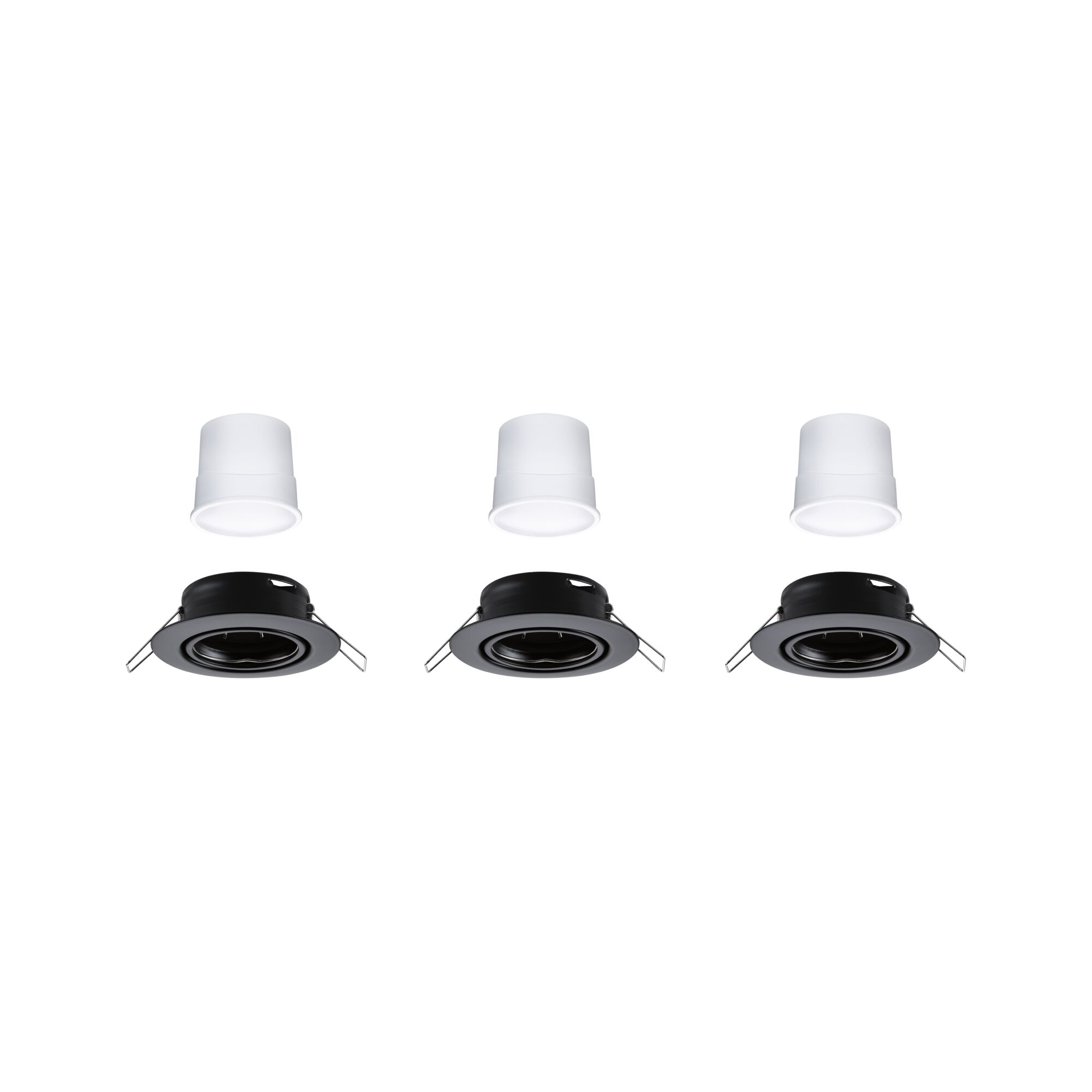 Drie zwarte inbouwspots met witte LED-modules, ronde LED-plafondlampen voor binnen