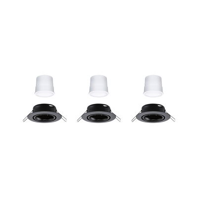 Drie zwarte inbouwspots met witte LED-modules, ronde LED-plafondlampen voor binnen