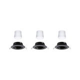 Three black recessed spotlights with white LED modules, round LED ceiling lights for indoor use