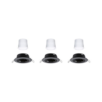 Three black recessed spotlights with white LED modules, round LED ceiling lights for indoor use
