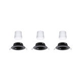 Three black recessed spotlights with white LED modules, round LED ceiling lights for indoor use