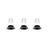 Three black recessed spotlights with white LED modules, round LED ceiling lights for indoor use