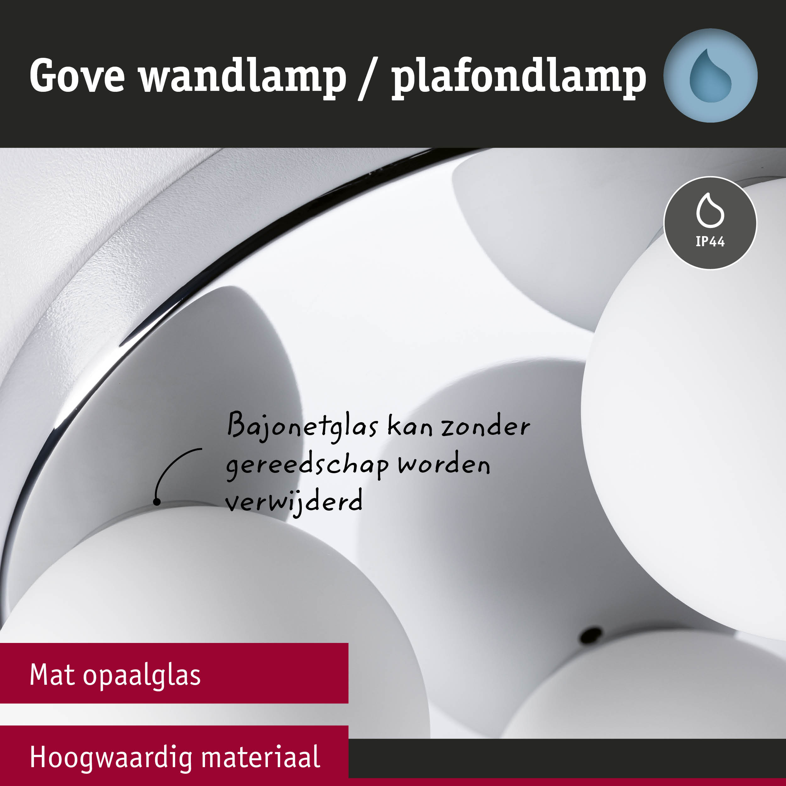 Gove wand- en plafondlamp met mat wit opaalglas, hoogwaardig materiaal, IP44 bescherming voor badkamerverlichting