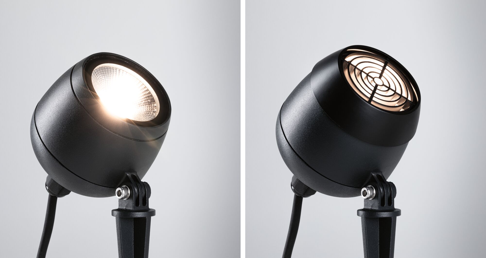 Schwarze LED-Außenleuchte aus Metall mit verstellbarem Kopf und Erdspieß für Gartenbeleuchtung