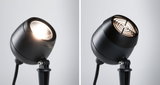 Black metal LED outdoor spotlight with adjustable head and ground spike for garden lighting