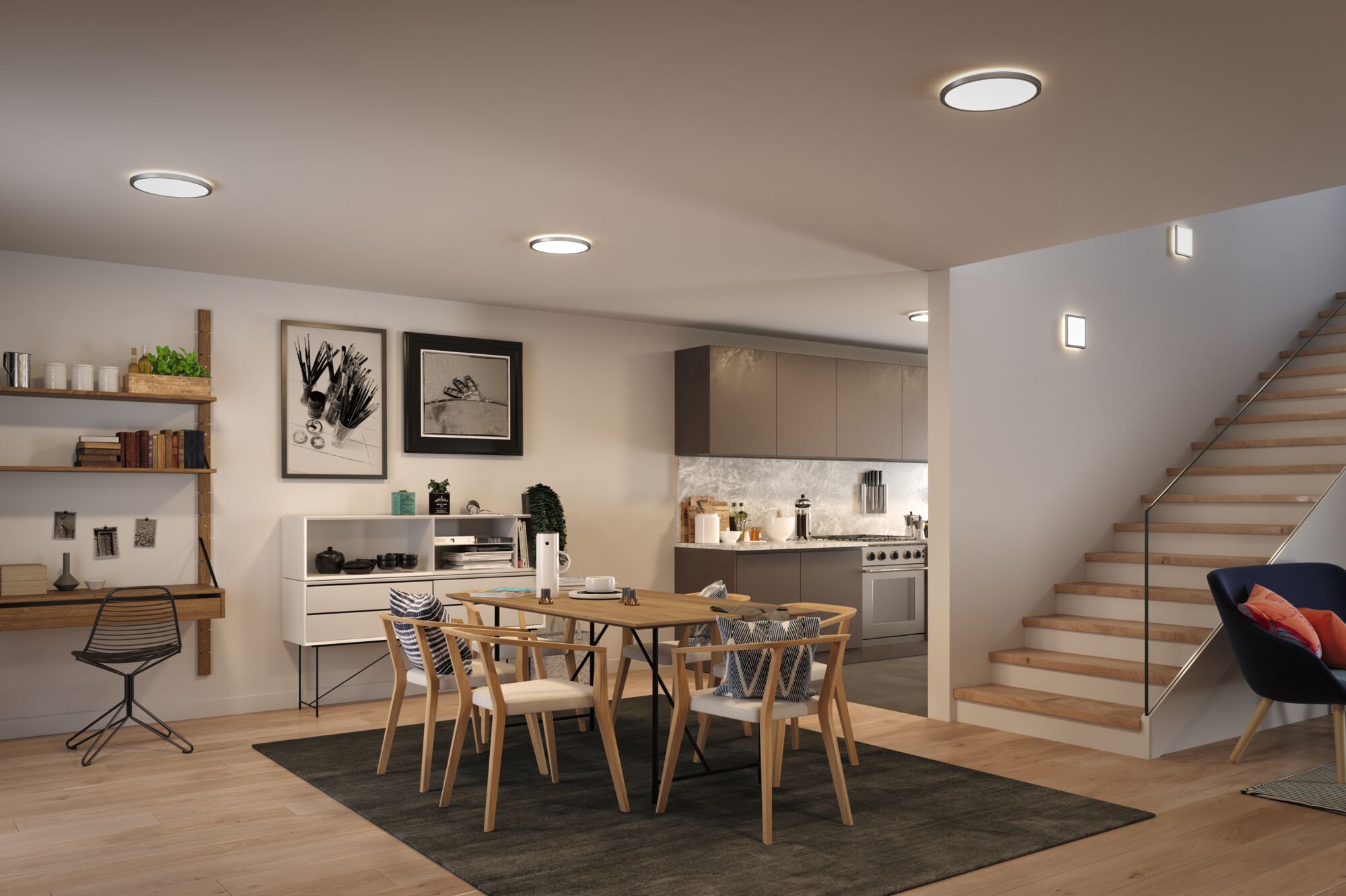 Modern dining room with wooden chairs, table and ceiling lights providing warm home lighting