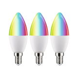 Drie E14 LED-lampen met meerkleurig RGB-oppervlak voor slimme verlichting.