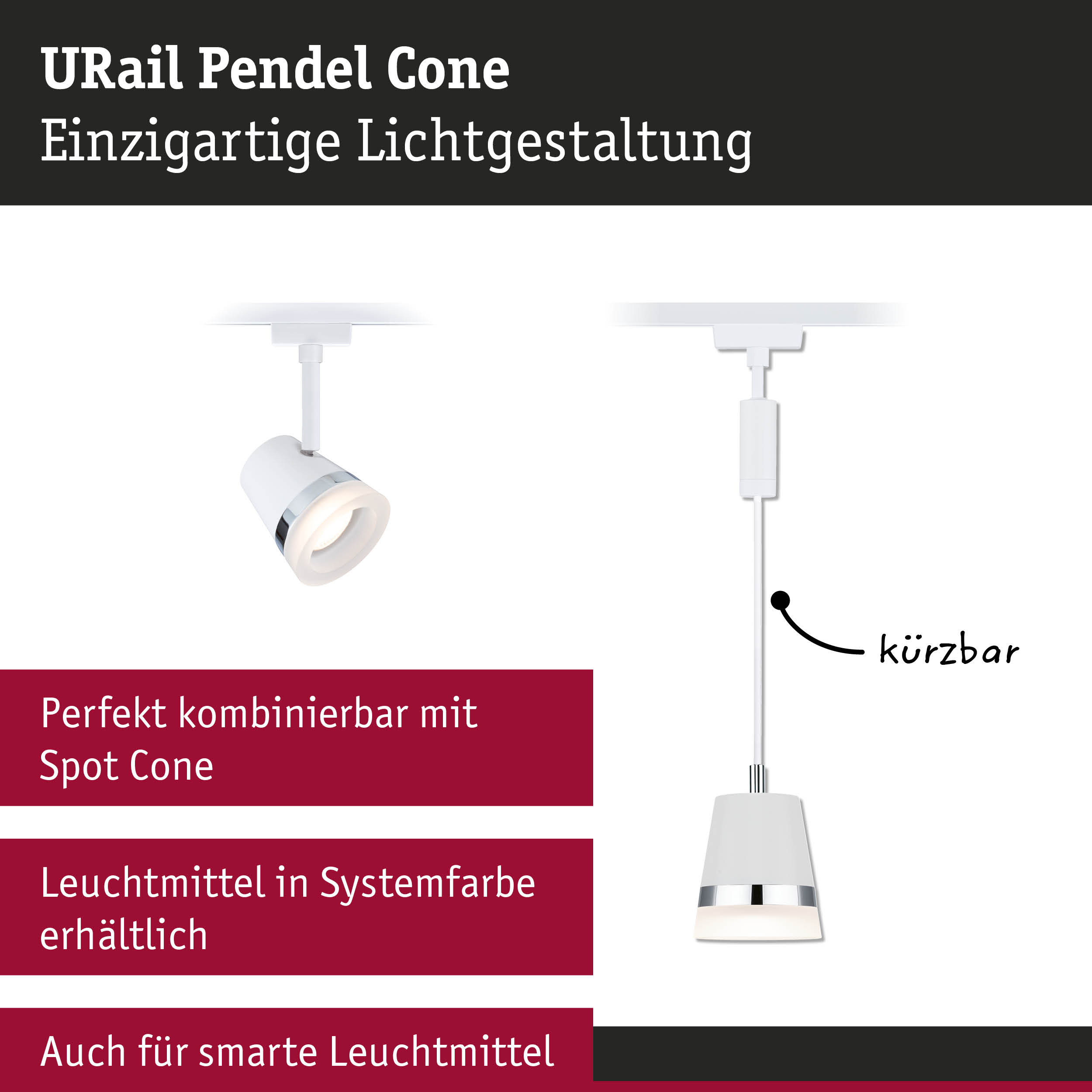Weißer URail Pendel Cone Leuchtenkopf mit Chromring, kürzbar, moderne LED Pendelleuchte