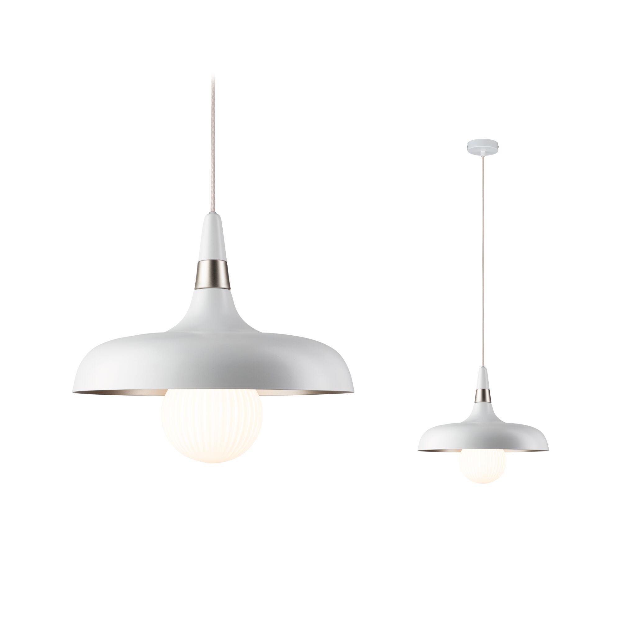 Luminaire en suspension Juna E27 max. 20W Champagne/Blanc dépoli gradable Métal Suspension en métal blanc avec globe en verre cannelé, design moderne pour éclairage intérieur