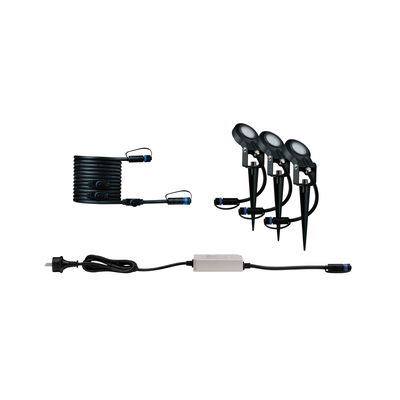 Black LED garden spotlight set with cable and power supply for outdoor lighting and landscaping