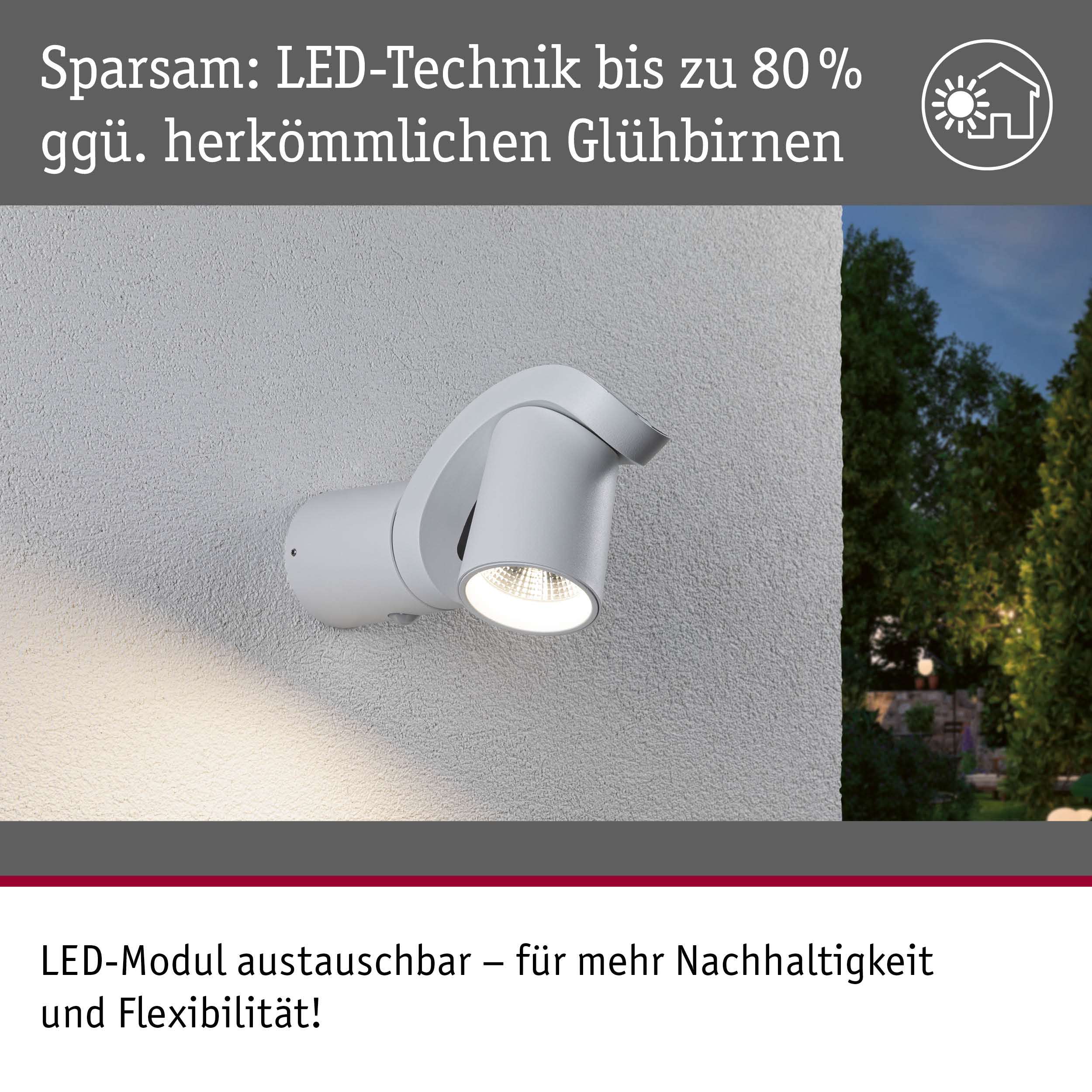 Weißer LED-Außenstrahler mit energiesparender Technik und austauschbarem Modul für flexible Beleuchtung