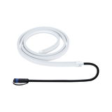 Flexible white LED light strip with black connector cable for modern lighting design.