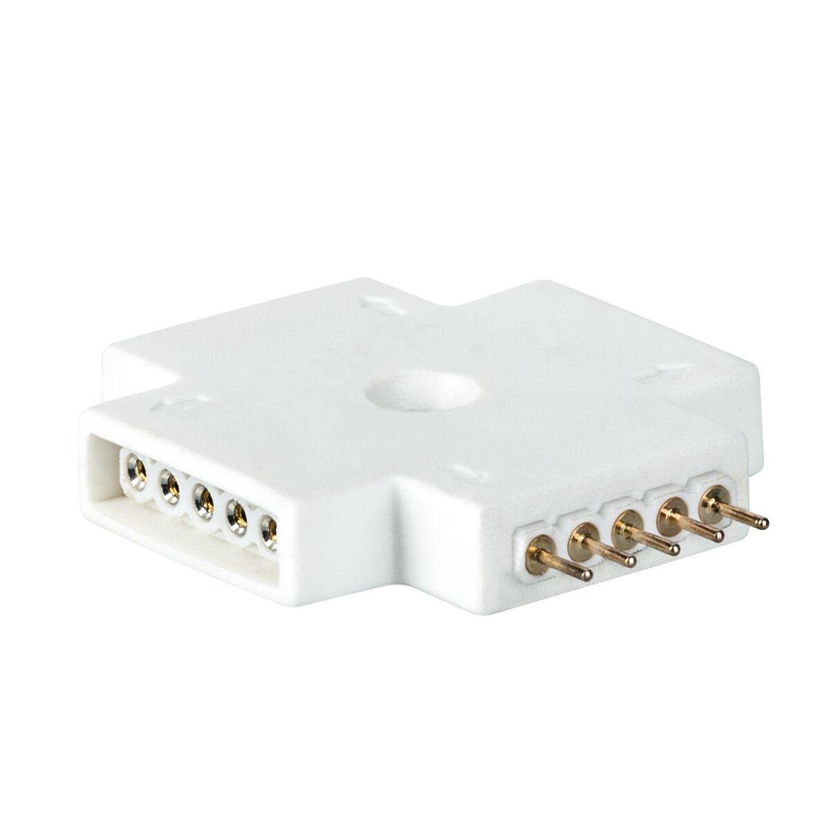 White plastic cross-shaped connector with five gold pins for LED lighting systems