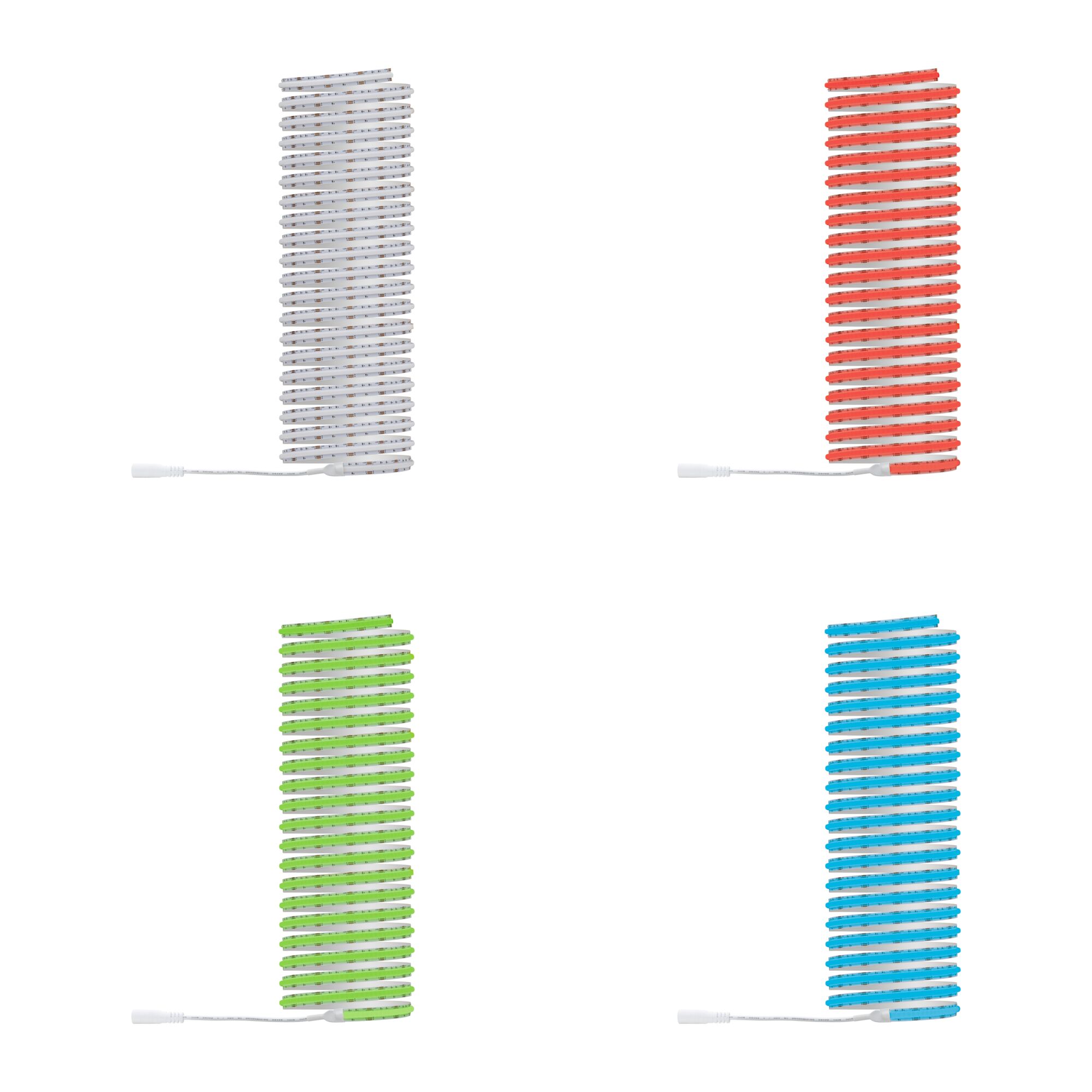 Vier LED-Lichtbänder in Weiß, Rot, Grün und Blau mit Anschlusskabel für flexible Beleuchtung