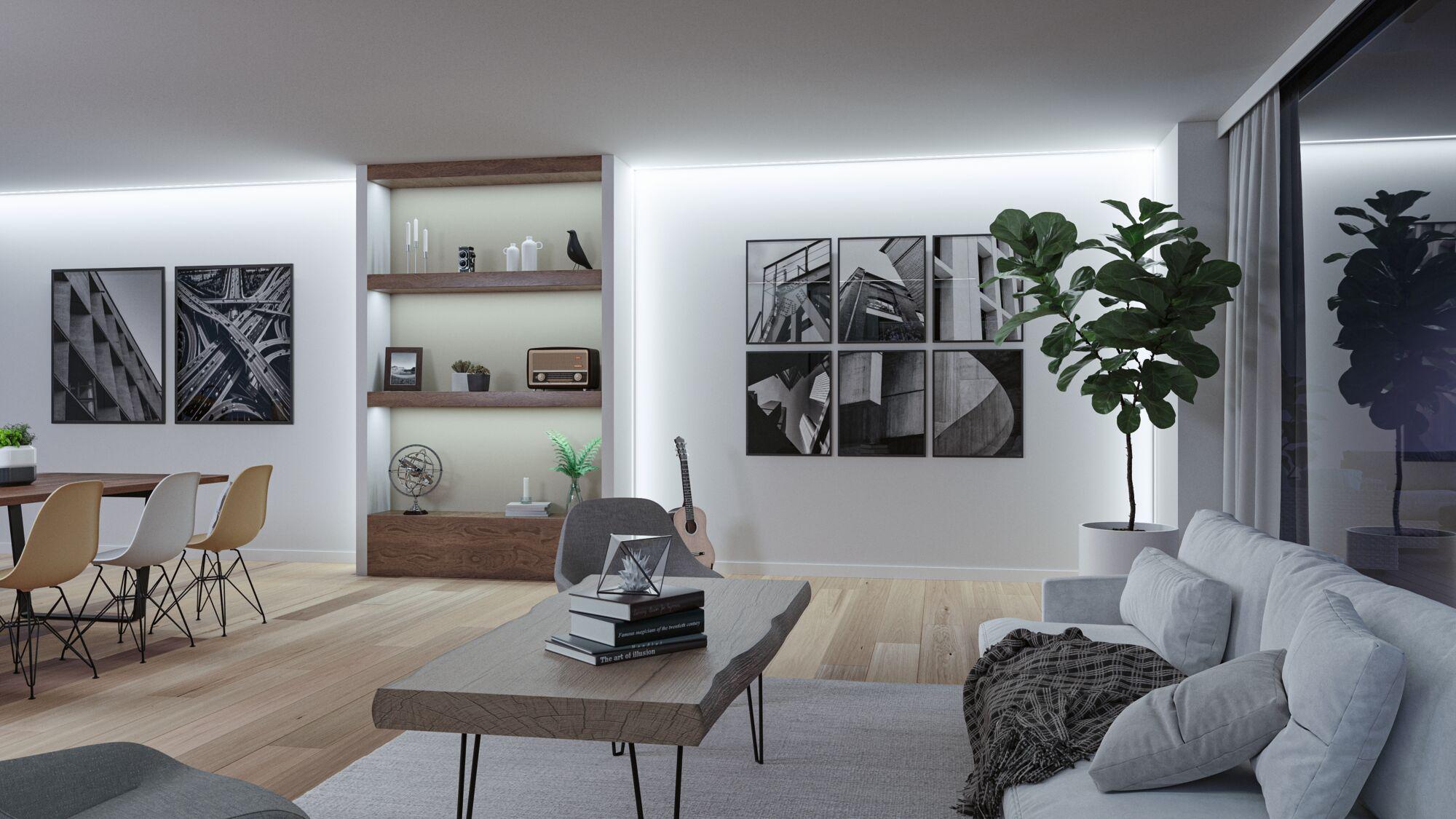 Modernes Wohnzimmer mit indirekter LED-Wandbeleuchtung, Holzregal, grauem Sofa und abstrakten Schwarz-Weiß-Bildern