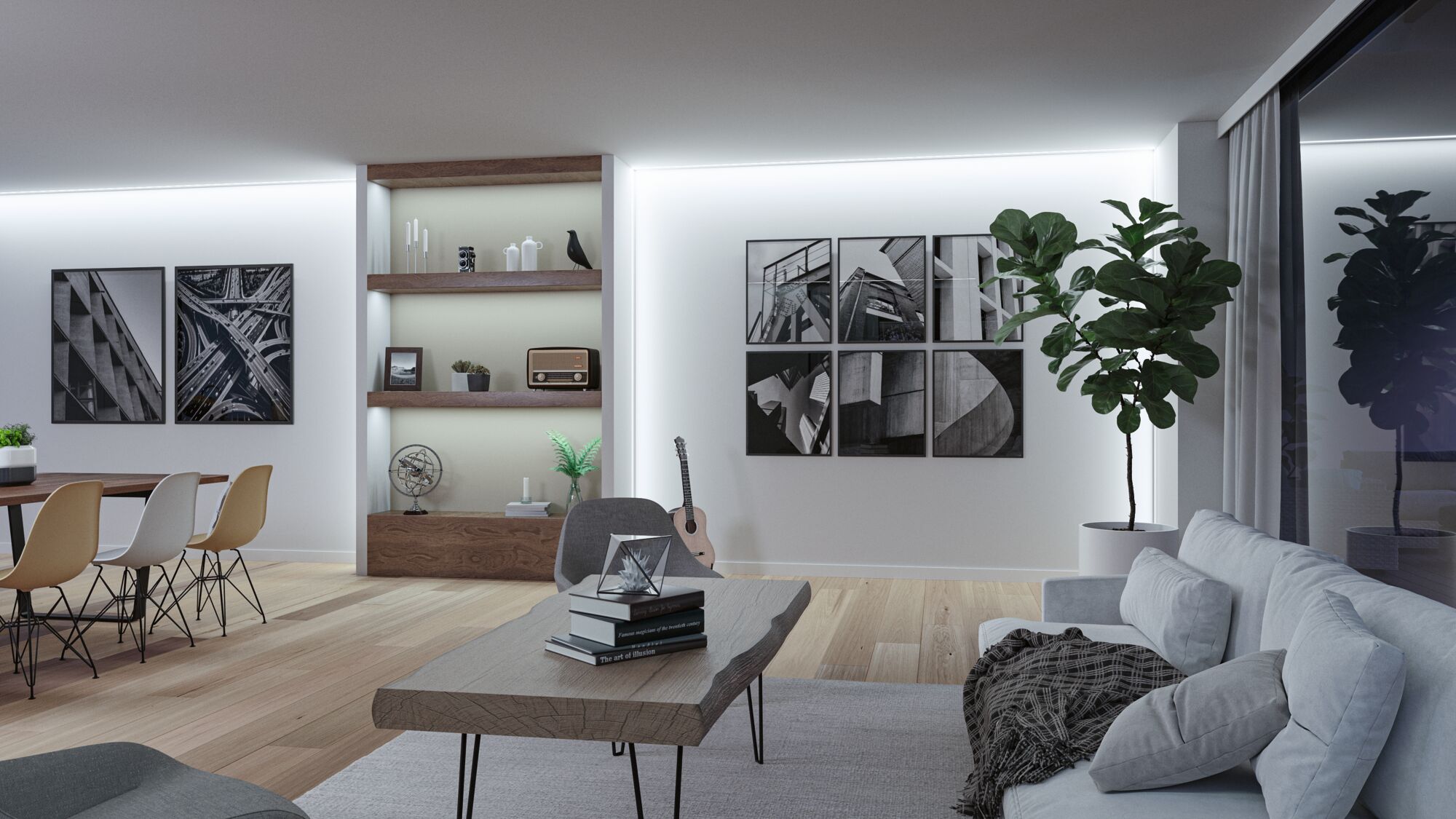Modern living room with LED wall lighting, wooden shelving and grey sofa for stylish ambient lighting