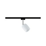 Modern white glass LED spotlight with black rail and chrome holder for track lighting systems