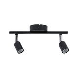 Black metal LED ceiling light with two adjustable spotlights for modern room lighting