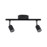 Black metal LED ceiling light with two adjustable spotlights for modern room lighting