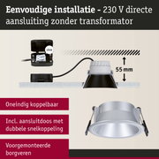 Zilveren metalen inbouwspot met 55 mm inbouwdiepte en directe 230 V aansluiting zonder transformator