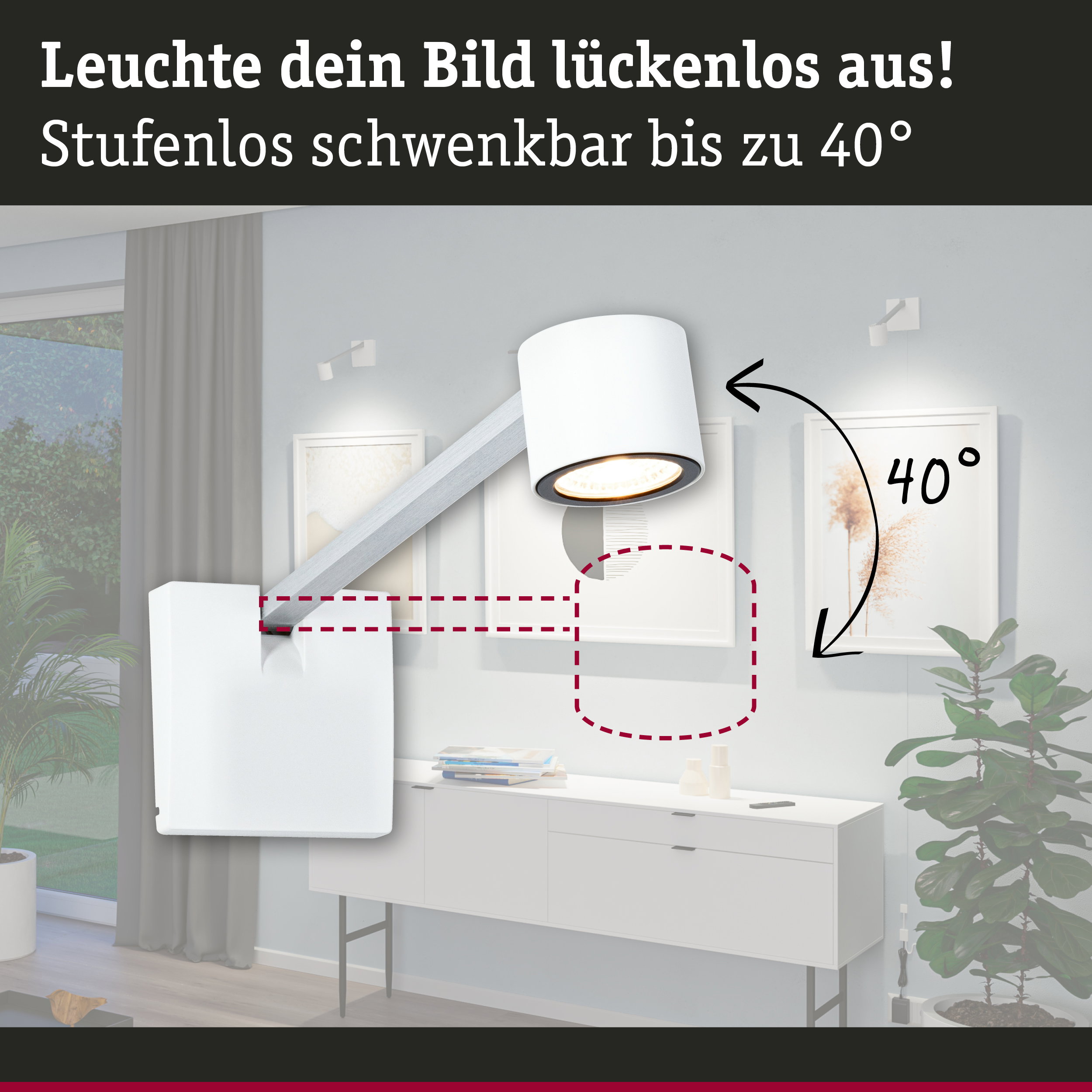 Weißer, schwenkbarer LED-Wandleuchter mit bis zu 40 Grad Neigung für moderne Wohnräume