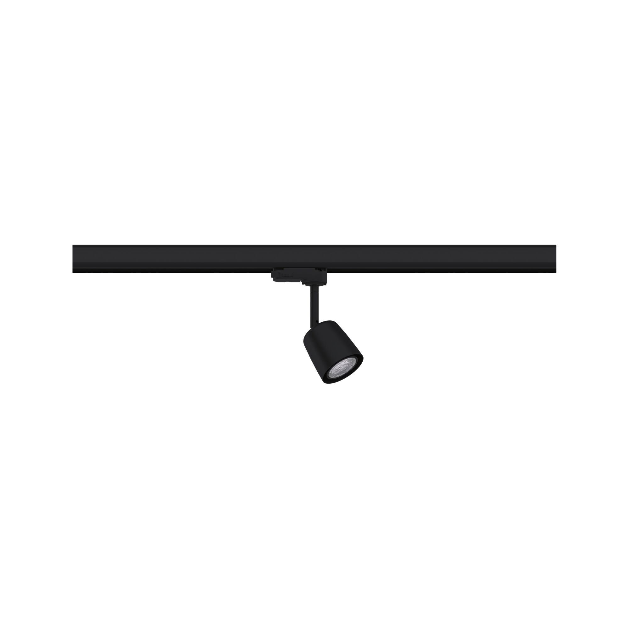 Black metal LED spotlight on track system for flexible indoor lighting solutions.