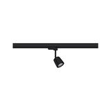 Black metal LED spotlight on track system for flexible indoor lighting solutions.