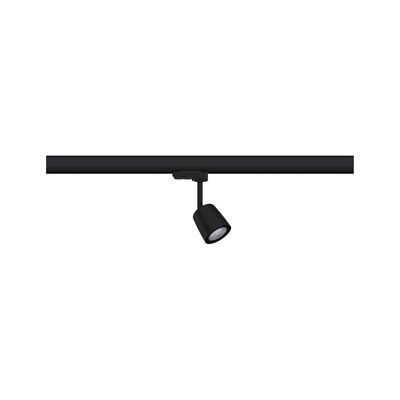 Black metal LED spotlight on track system for flexible indoor lighting solutions.