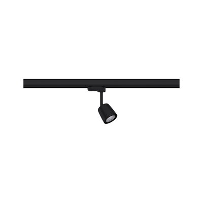 Zwarte metalen LED-spot op railsysteem voor flexibele binnenverlichting.
