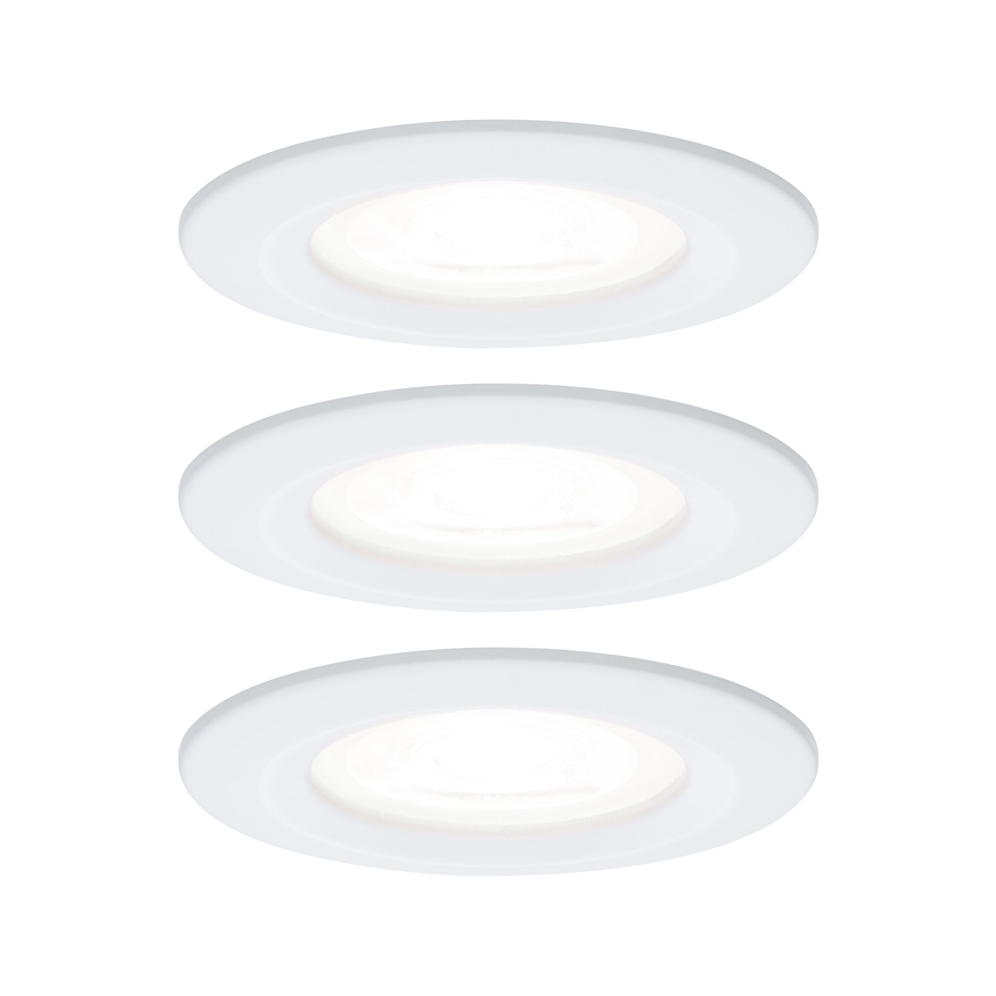 Three white plastic LED recessed spotlights for energy-efficient ceiling lighting