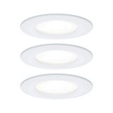 Three white plastic LED recessed spotlights for energy-efficient ceiling lighting