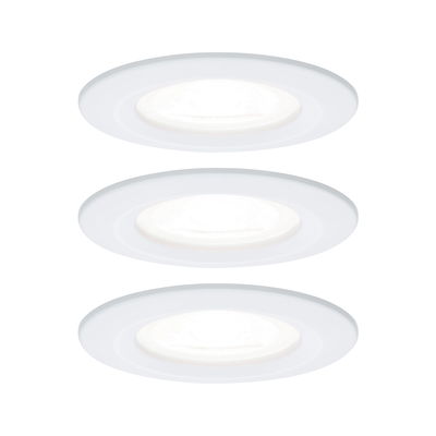 Three white plastic LED recessed spotlights for energy-efficient ceiling lighting