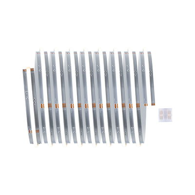 Bande LED flexible argentée avec lumière blanc chaud et connecteur pour éclairage intérieur.