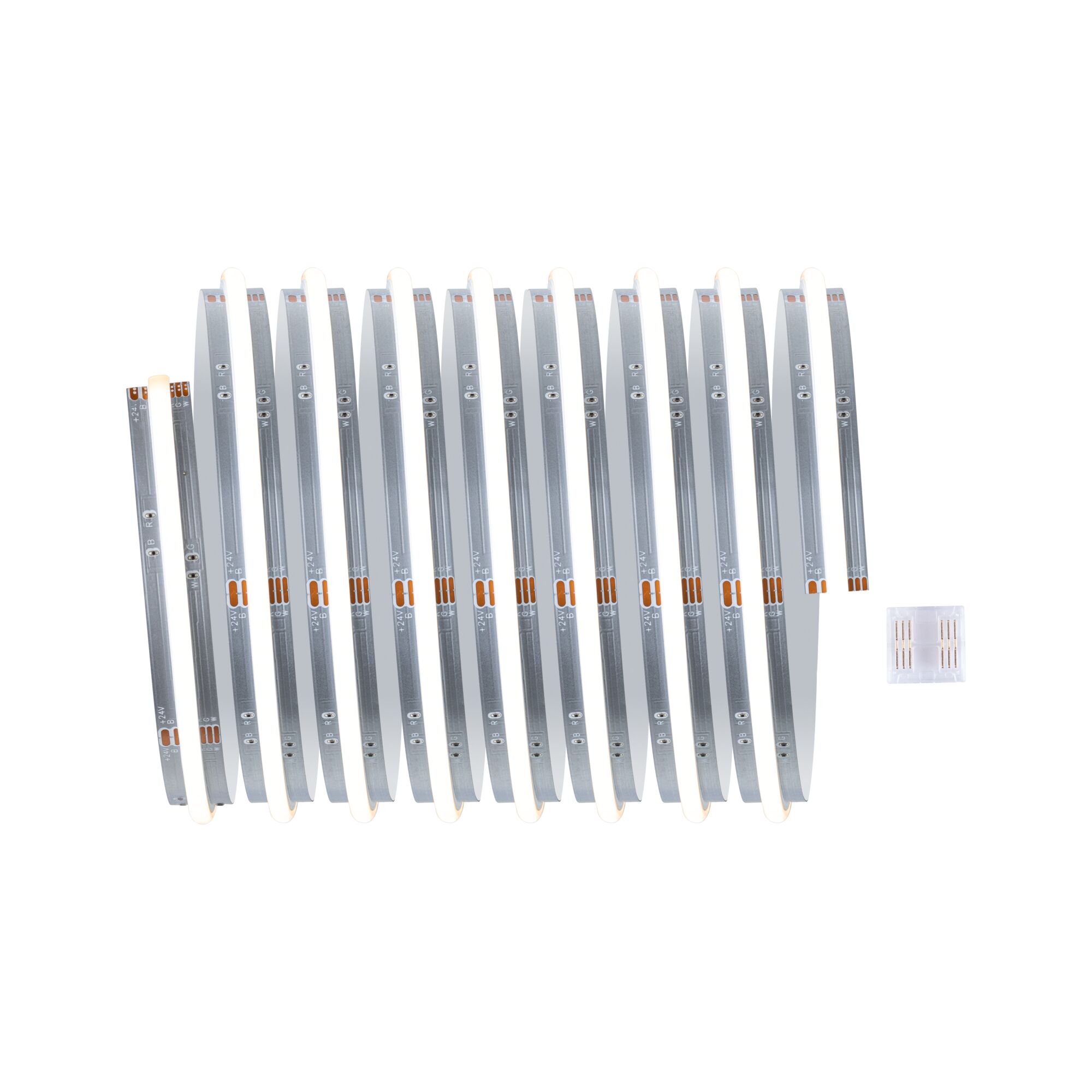 Flexible silver LED strip with warm white light and connector for indoor lighting solutions.